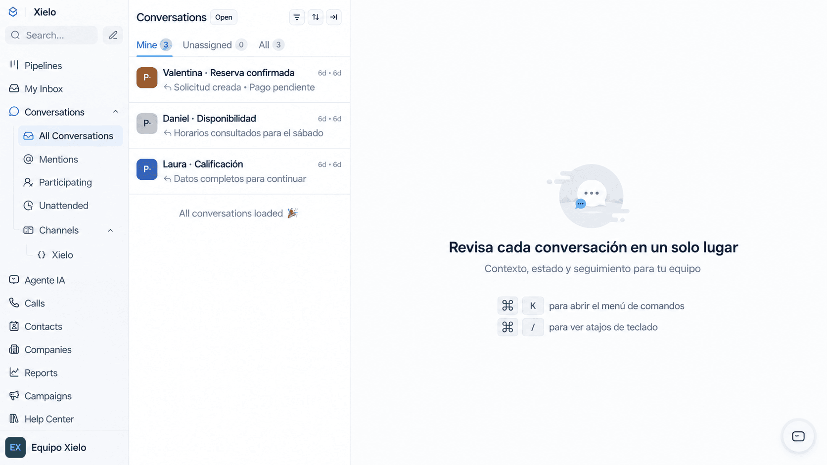 Vista en modo claro del dashboard de Chatío con conversaciones organizadas para el equipo de Xielo