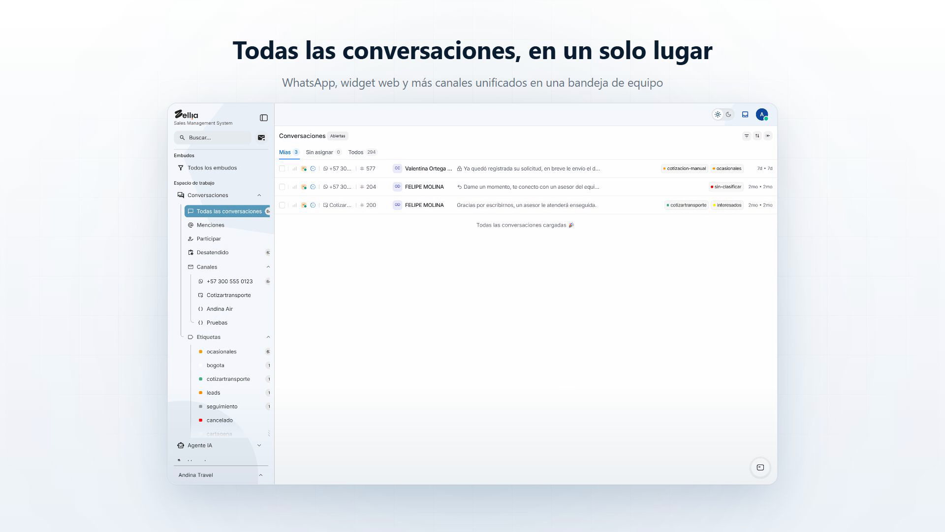 Bandeja de Zellia: conversaciones de WhatsApp, Instagram y widget web en un solo lugar