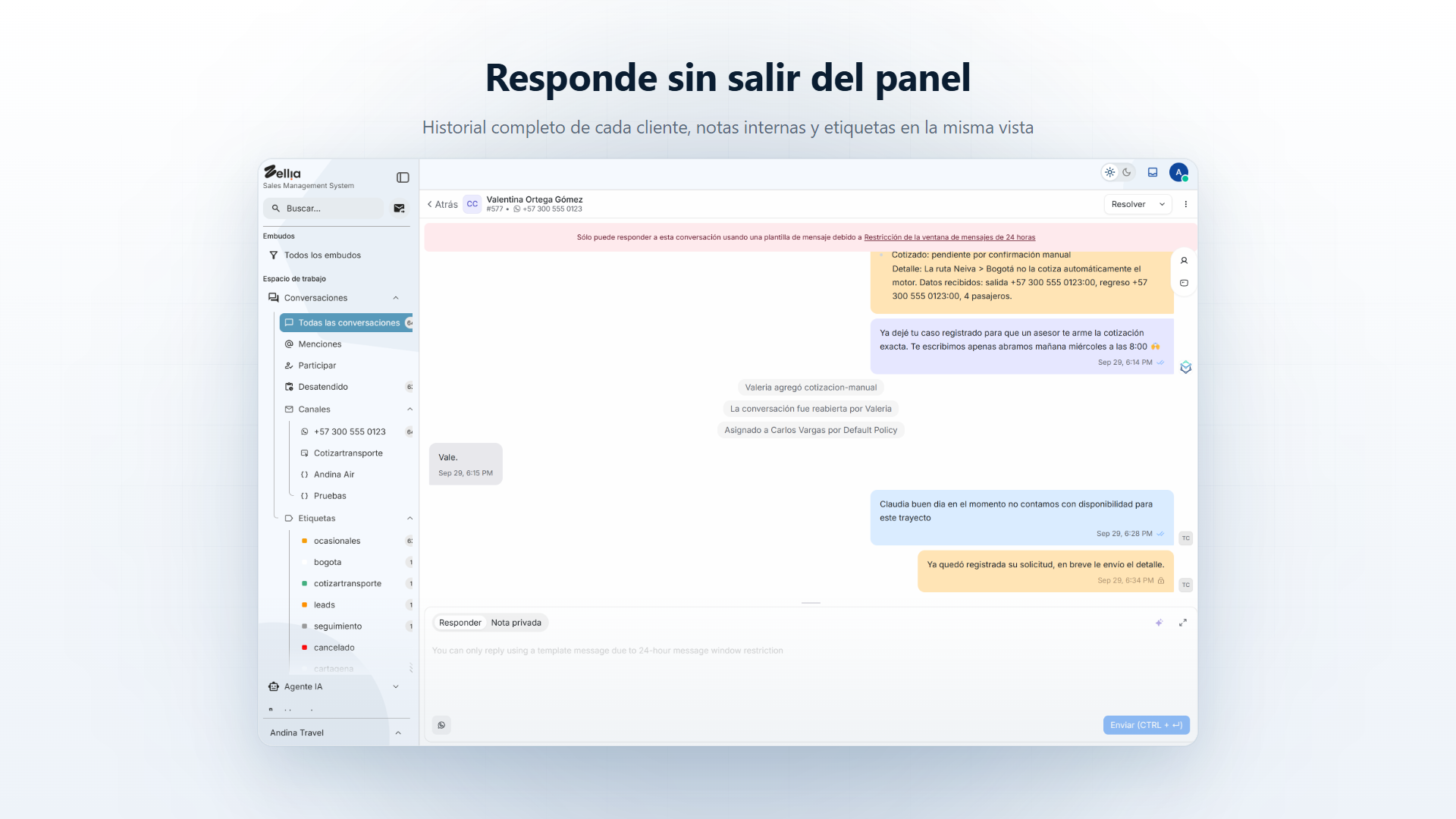 Panel del asesor en Zellia: historial del cliente, notas internas y etiquetas al responder